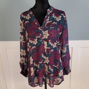 KUT From The Kloth Button Down Sheer Top L In Deep Vibrant Jewel Tones